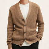 Mens Classic V-Neck Cardigan Sweater Long Sleeve Button Down Brown Overcoat