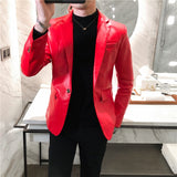 Foesce New Autumn Faux PU Leather Suit Jacket Men Korean Trendy Slim Fit White Red Black Fashion Streetwear Blazer Coat Male