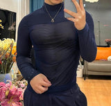 Men T Shirt Mesh Patchwork Turtleneck Long Sleeve Streetwear Camisetas See Through Sexy Fashion Male Tee Tops S-5XL