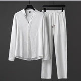 Foesce Men's Chinese Style Tang Suit Long-sleeved T-shirt +pant Breathable V-neck Shirt Two-piece Autumn Casual Sports Suit