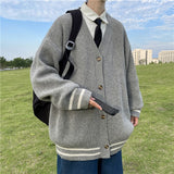 V Neck Knitted Cardigan for Men Casual Plaid Sweaters Korean Fashion Single-breasted Tops Mens Loose Knitwear Pullover