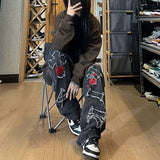 Foesce  New Rose Embroidery Jeans Y2k Aesthetic Old Jeans Women Casual Loose Wide-leg Harajuku Pants Vintage 90s Trousers