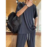 Men's Elastic silky Casual 2-Piece Set Loose Straight Pleated Sports Pants Summer Thin Section Handsome Drape Suit Mens Clothing