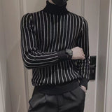 Fashion Printed Knitted Spliced Korean Turtleneck Striped Sweater Men Clothing Autumn New Loose Casual Pullovers Warm Tops
