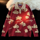Embroidery Animal Rabbit Sweater Preppy POLO Collar Shirt Pullover Thicken Winter Y2K Tops Harajuku Red Green Kawaii Clothes