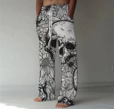 Men Drawstring Elastic Cotton Linen Trousers Casual Wide Leg Pant Male Summer Newest Vintage Print Loose Sport Pants Streetwear