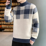 Fashion Half High Collar Knitted Spliced Lattice Korean Sweater Men's Clothing Autumn New Casual Pullovers Loose Warm Tops