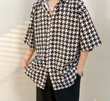 Foesce Men Short Sleeve Casual Loose Blouse Kpop Fashion Houndstooth Shirts Masculina Camisa Top blusas Homme Ropa Male Streetwear