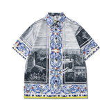 Summer Tide Brand Casual Short Sleeve Suit Digital Printing Landscape Retro Loose Shorts Shirt Suit 2 Piece Set Men Clothes Set