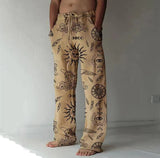 Men Drawstring Elastic Cotton Linen Trousers Casual Wide Leg Pant Male Summer Newest Vintage Print Loose Sport Pants Streetwear