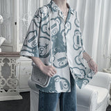 Summer Short Sleeved Shirts Men Korean Baggy Cartoon Elements Print Half Sleeved Blouses Casual Tops Male Y2K Clothes Oversized