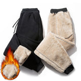 Men Fleece Warm Cargo Pants Autumn Winter Casual Loose Print Drawstring Sports Trousers Male Thermal Lambswool Sweatpants