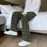 Casual Pants Men High Street Ins Fashion Wide Leg Spodnie Plaid Korean Style Handsome Students Corduroy Autumn Elastic Waist New