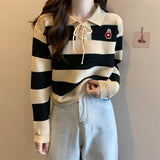 korean Bottoming Shirt Women's red Top Striped patchwork casual Loose Doll Collar Knit Sweater women Pullover All-match Sweaters