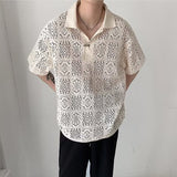 Vintage Button Lapel Men Shirts Fashion Hollow Out Jacquard Loose Shirt Tops 2023 Spring Summer Casual Clothes Mens Streetwear