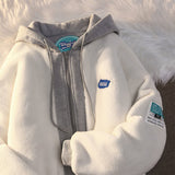 Winter Lamb Wool Hooded Sweatshirt Women Casual Thick Warm Loose Padded Jackets Coat  Hip-hop Retro Zip Up Patchwork Hoodies