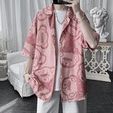 Summer Short Sleeved Shirts Men Korean Baggy Cartoon Elements Print Half Sleeved Blouses Casual Tops Male Y2K Clothes Oversized