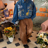 Giraffe Embroidered Zoo Denim Shirt Men Autumn New Vintage Style Casual Long Sleeve Casual Shirt Women Top Punk Style