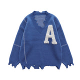 Foesce Irregular Hem Frayed Letter Embroidery V Neck Casual Sweaters Men and Women High Street Retro Pullover Knitted Autumn Clothes