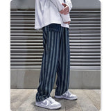 Fashion Mens Patchwork Pocket Loose Jeans Straight Fit Striped Printed Dad Jeans Elastic Waist Denim Pants Trousers For Male