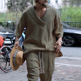Foesce Fashion Loose V Neck Sweater Two Piece Set Men Spring Summer Casual Solid Short Sleeve Knit Tops And Pants Suits Mens Streetwear