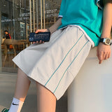 Foesce Summer New Strip Men Casual Shorts Harajuku Oversized Male Sport Short Pants Knee Length Elastic Waist Beach Trousers