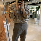 Foesce Autumn Cotton Long Sleeve Shirt Men Fashion Retro Khaki Black Plaid Shirts Mens Korean Loose Oversized Casual Shirt Men M-2XL