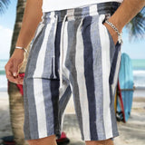 Foesce New Men's Casual Fashion Faux Flax Striped Shorts Linen Solid Color Short Trousers Male Summer Beach Breathable Flax Shorts