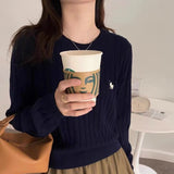 Foesce  Embroidered round neck twist sweater pattern Korean style knitted ins fashion sweater autumn and winter pullover retro trend top