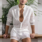 Foesce New Arrivals Men Set Summer Sexy See Through Lace Outfits Beach Fashion Short Sleeved Tops And Shorts Mens Two Piece Suits