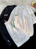 Simple Waffle Suit Women Summer Thin Loose Urban Design Niche T-shirt + Shorts Casual Sportswear Patch Design 2pcs Set