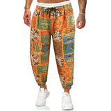 Foesce New Men Pants Casual Cotton Linen Baggy Pant Color-blocking Floral Drawstring Trousers Fashion Sweatpants Streetwear Male