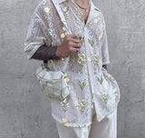 Foesce -Men Shirt Mesh See Through Lapel Sexy Short Sleeve Lace Button Camisas Streetwear Party Nightclub Men Clothing 7