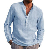Foesce Men's Casual Cotton Linen Shirts Solid White V Neck Men Long Sleeve Shirt Button Pocket Tops Blouse Pullovers Camisas De Hombre