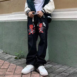 Foesce Y2K Korean Men Women Black Harajuku Cartoon Straight Denim Grunge Trousers Jeans Print Baggy Jean Pants Streetwear Brand Clothes