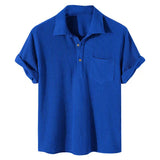 FoesceNew Men's Casual Plaid Polo Shirts Top Turn-Down Collar Button Blouse Short Sleeve Solid Pocket Blouse Shirt Men clothing
