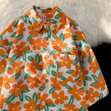 Vintage Orange Floral Beach Shirts Comfort Summer Loose Casual Button Up Shirt for Men Women Japan Kawaii Harajuku Short Sleeve