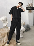 Foesce Casual Men's Short-sleeved Jumpsuit Japanese Style Waist Drawstring Design New Loose Simple Fashionable Pants