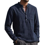 Foesce Men's Casual Cotton Linen Shirts Solid White V Neck Men Long Sleeve Shirt Button Pocket Tops Blouse Pullovers Camisas De Hombre