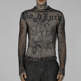 Men's Punk Sexy Gauze Rough Edges Slim T-shirt Long Sleeve Black Tops Spring And Summer T Shirts For Men