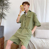 Men's Overalls Jumpsuits Summer Fashion Casual Nine Point Cargo Pants Japanese Retro Male Clothes Couple Loose Solid Color Suit