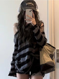 Gothic Streetwear Striped Knitted Sweater Women Harajuku Punk Hollow Out Jumper Hole Loose All-match Tops Grunge E-girl