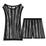 Mens Undershirt Set Mesh Tank Tops Boxers Sexy Sheer Fishnet Hollow Sleeveless Singlet Shorts Nightwear