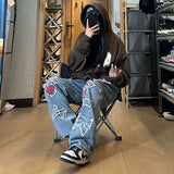 Foesce  New Rose Embroidery Jeans Y2k Aesthetic Old Jeans Women Casual Loose Wide-leg Harajuku Pants Vintage 90s Trousers