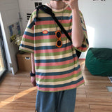 Striped cec short-sleeved T-shirt men women four-color striped preppy T-shirt Korean loose all-match lovers hip hop streetwear