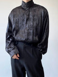 Foesce Chinese Pleated Stand Collar Jacquard Satin Trend Men's Shirt Long Sleeved Fashionable Autumn Male Tops Solid Color