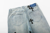 Mens Trousers Retro Cross Patch Distressed Straight Jeans Pants High Street Streetwear Fashion Loose Washed Denim Pants Unisex