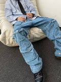Y2K Style Multi-pocket Tooling Jeans Men's American Retro Street Harajuku Trousers Washed Mopping Pants Youth Clothing