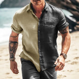Foesce-Spring Summer Casual Loose Shirt Men Clothes Vintage Patchwork Contrast Buttoned Lapel Shirts Mens Daily Short Sleeve Tops