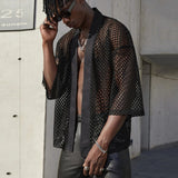Foesce Mesh See-through Fishnet Mens Shirt Cardigan Fashion Sexy Shawl Nightclub Wear Tops 3/4 Sleeve Camisas Streetwear For Men
